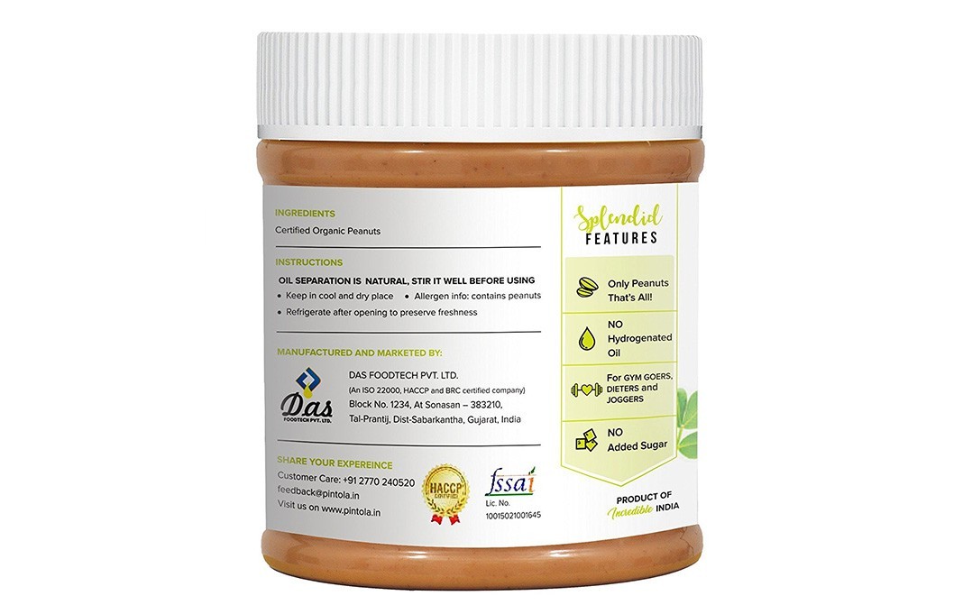 Pintola Peanut Butter Creamy Organic   Jar  350 grams